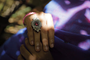 Pink Stone Flower Adjustable Finger Ring-Hamsa-Hamsa