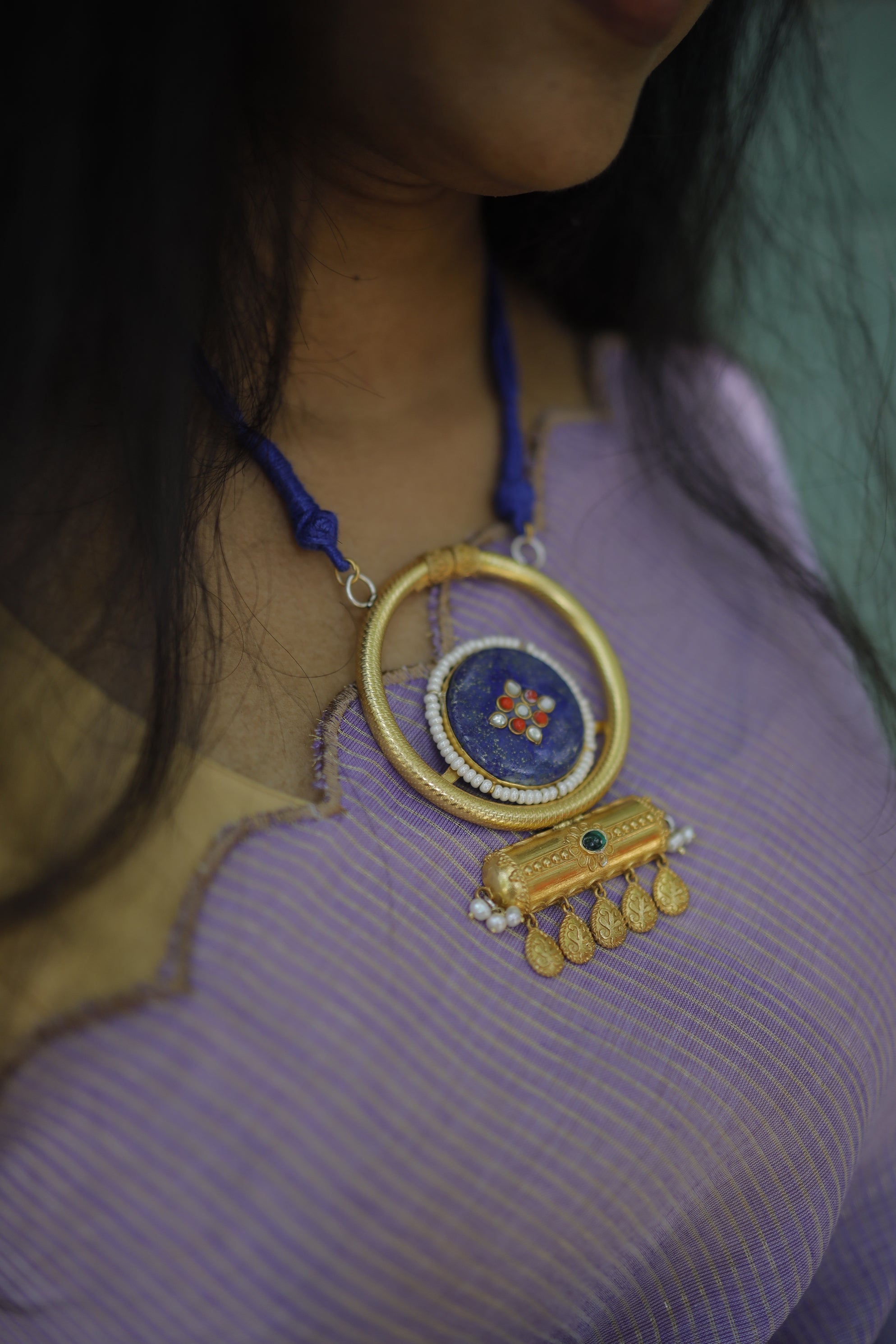 Gold Plated Blue Stone Contemporary Necklace-Hamsa-Hamsa