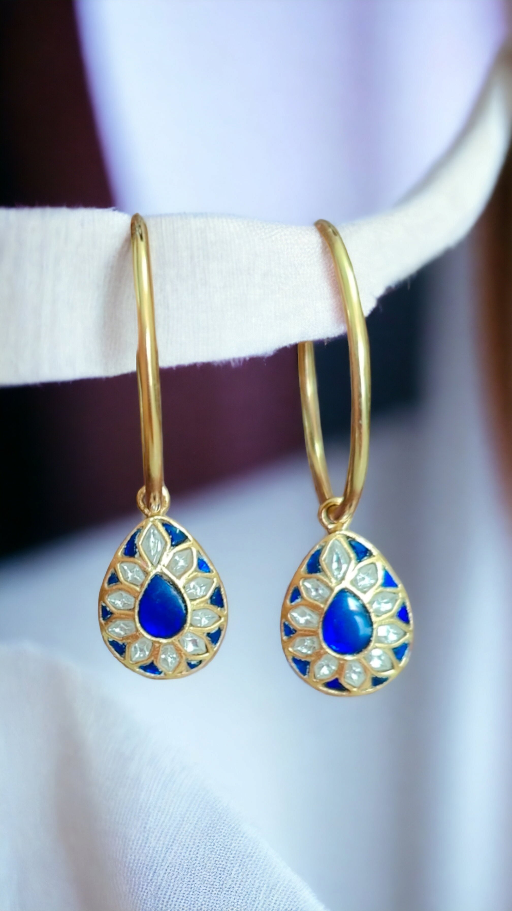 Gold Plated Blue Kundan Dewdrop Hoop Earrings-Hamsa-Hamsa