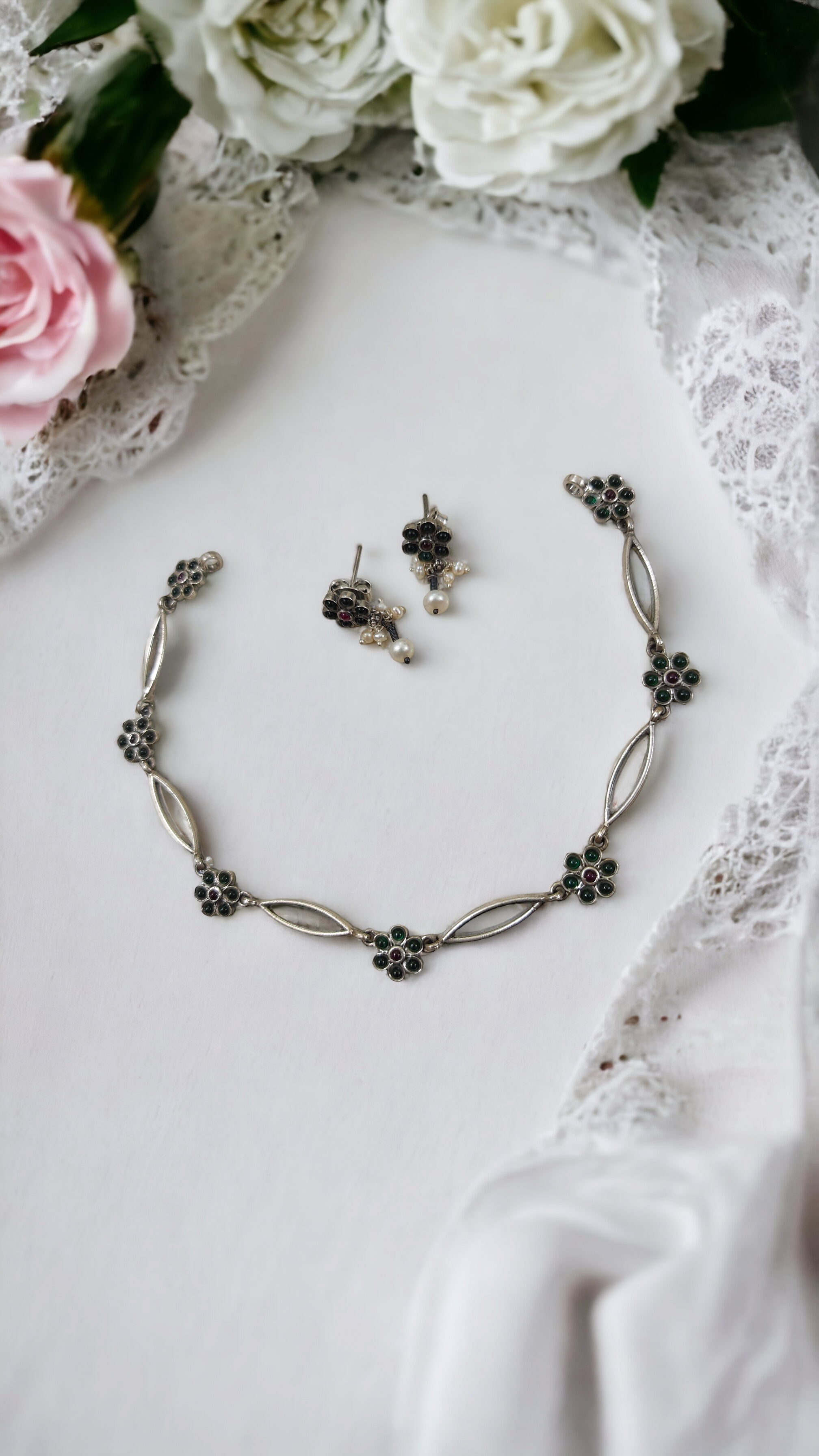Green Flower Link Necklace Set-Hamsa-Hamsa