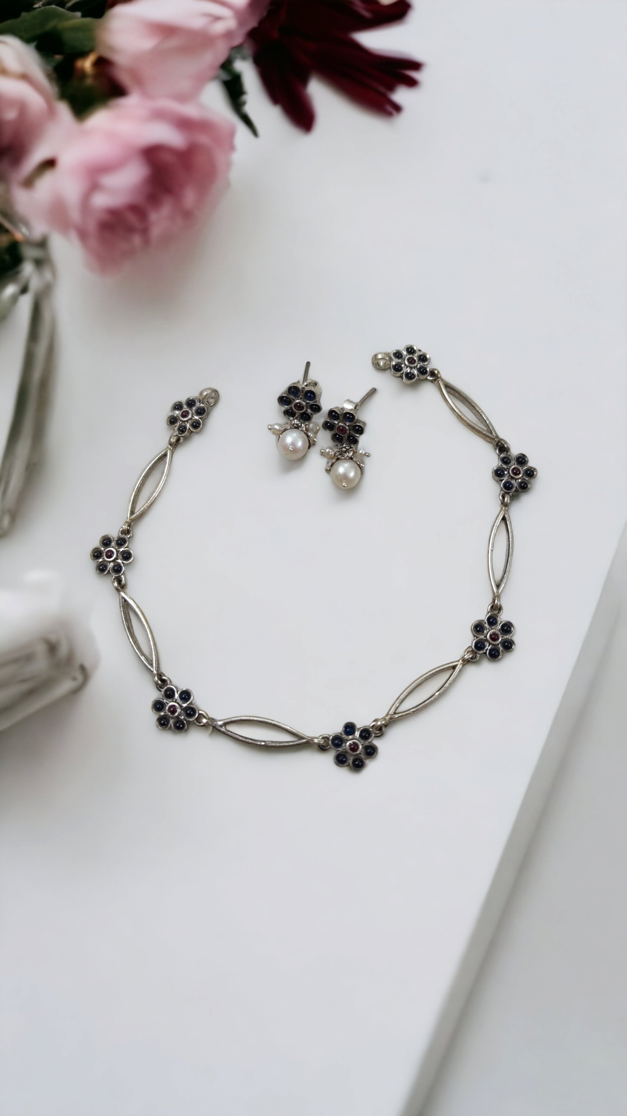 Blue Flower Link Necklace Set-Hamsa-Hamsa