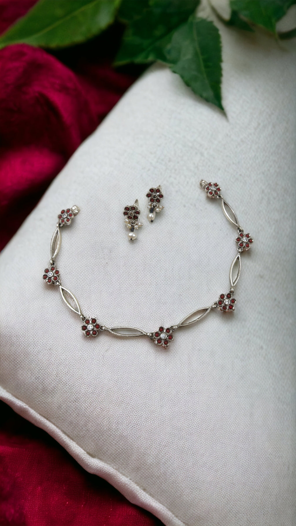 Red Flower Link Necklace Set-Hamsa-Hamsa