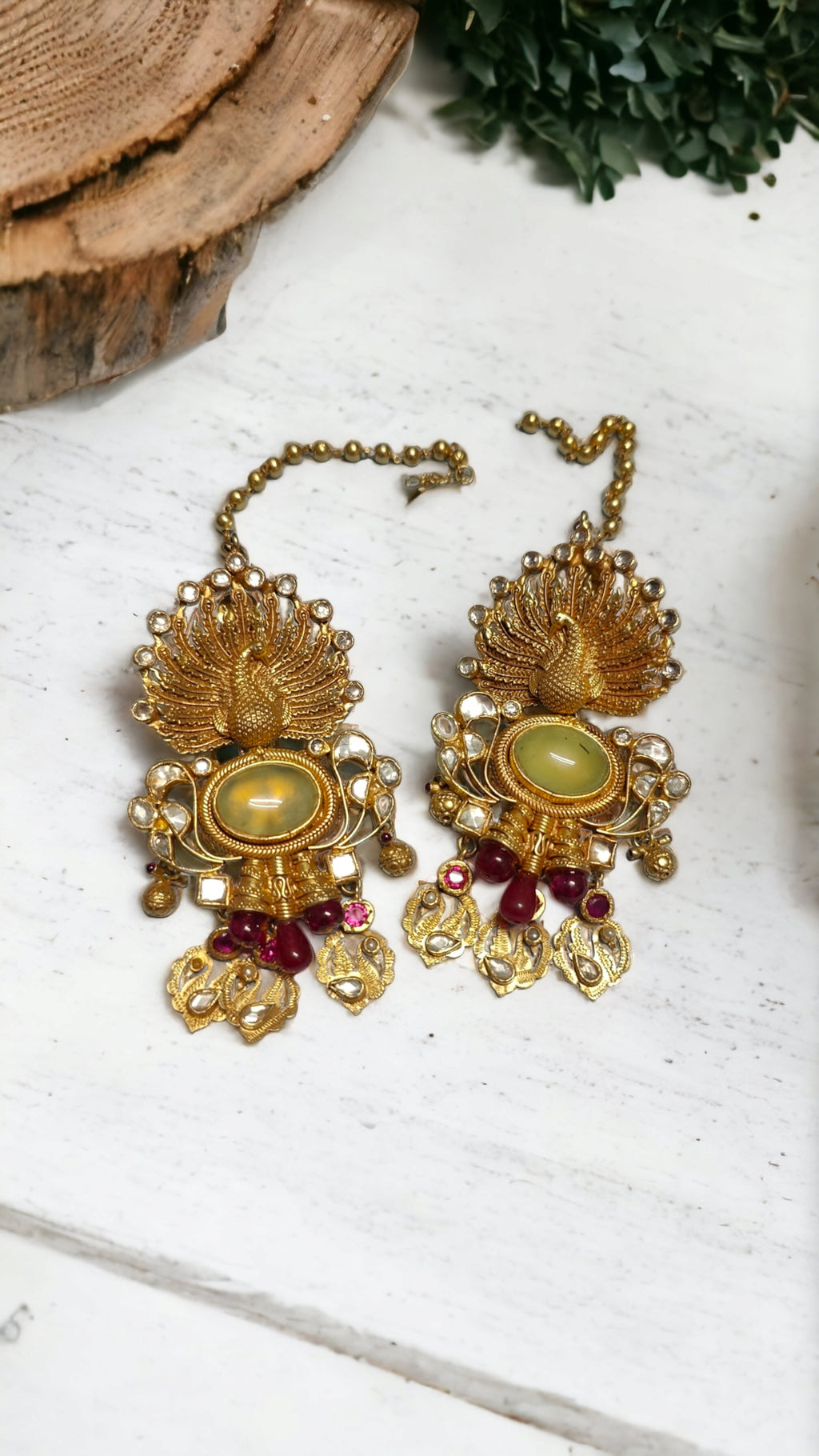 Gold Plated Natural Stone Peacock Earrings With Chain-Hamsa-Hamsa