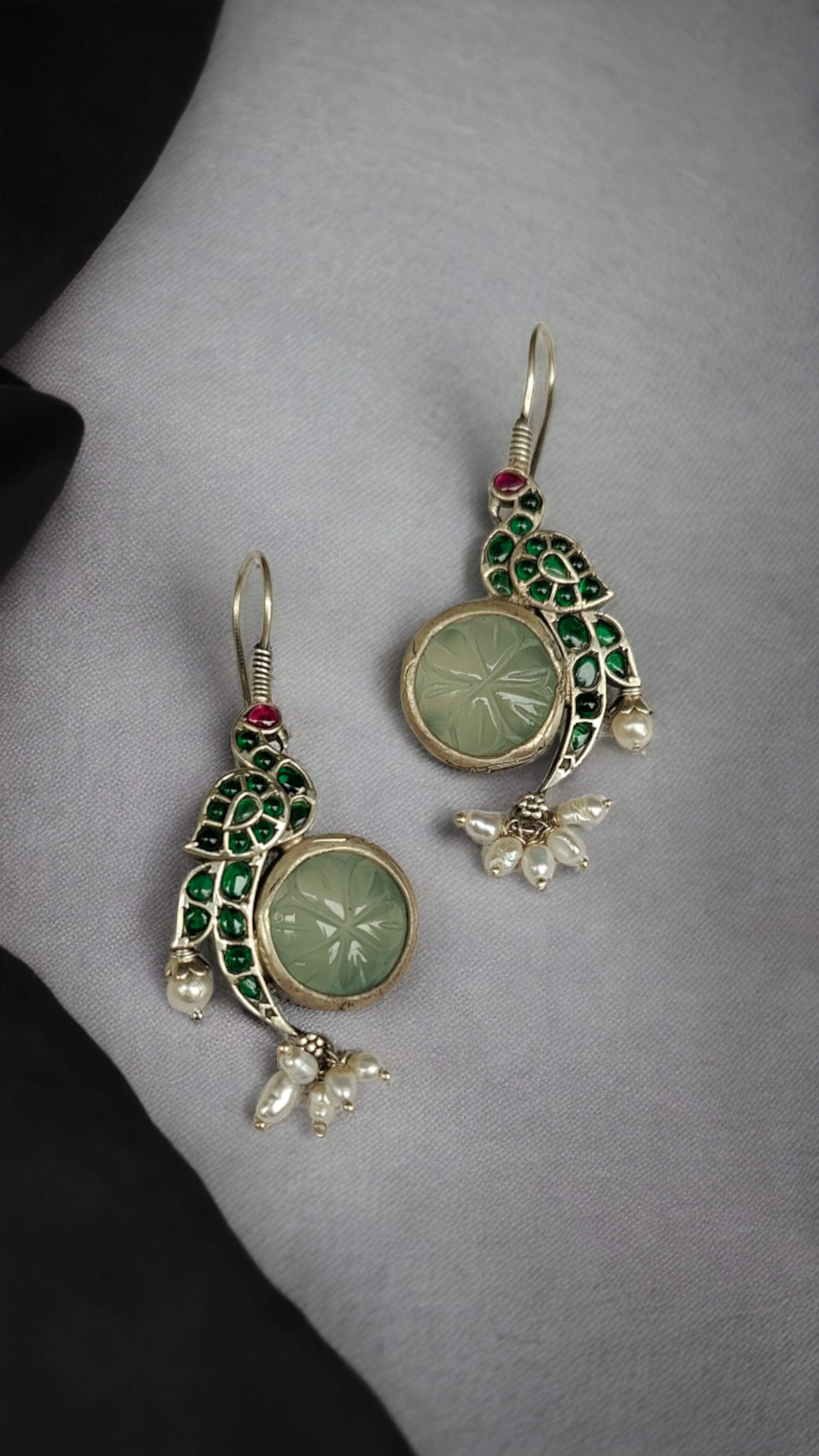 Green Peacock Carved Stone Hook Earrings-Hamsa-Hamsa