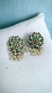 Green Blossom Pearl Drop Earrings-Hamsa-Hamsa