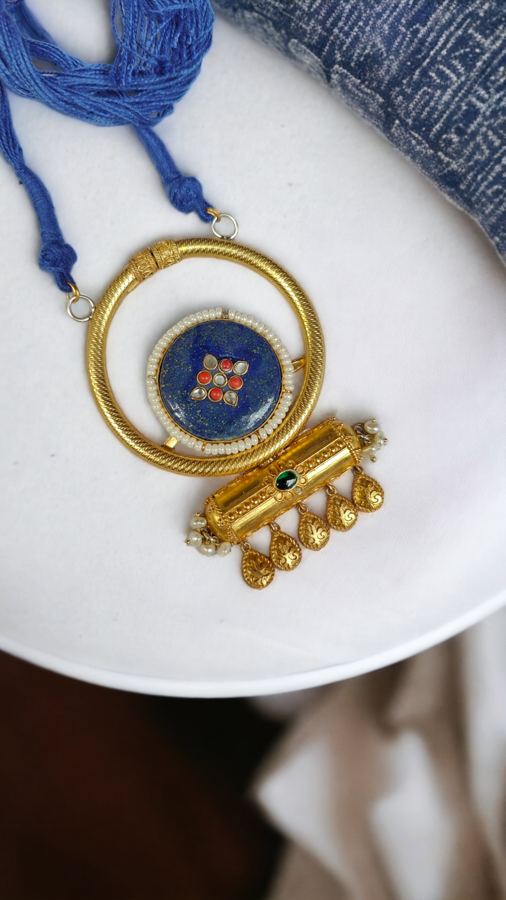 Gold Plated Blue Stone Contemporary Necklace-Hamsa-Hamsa