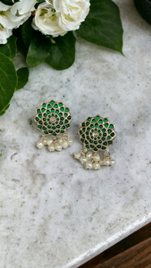 Green Flower Pearl Drop Earrings-Hamsa-Hamsa