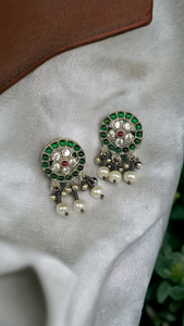 Green AD Flower Pearl Drop Earrings-Hamsa-Hamsa