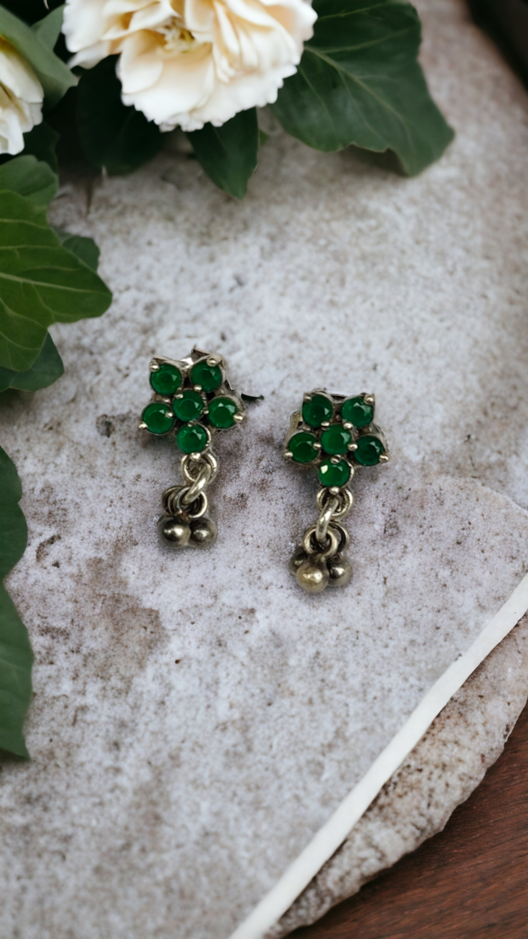 Green Flower Drop Earrings-Hamsa-Hamsa
