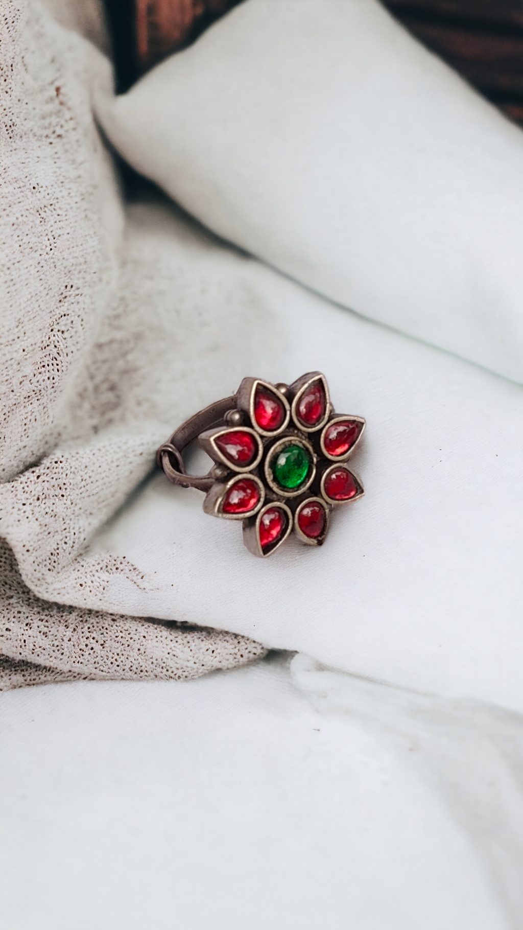 Red Kundan Flower Finger Ring-Hamsa-Hamsa