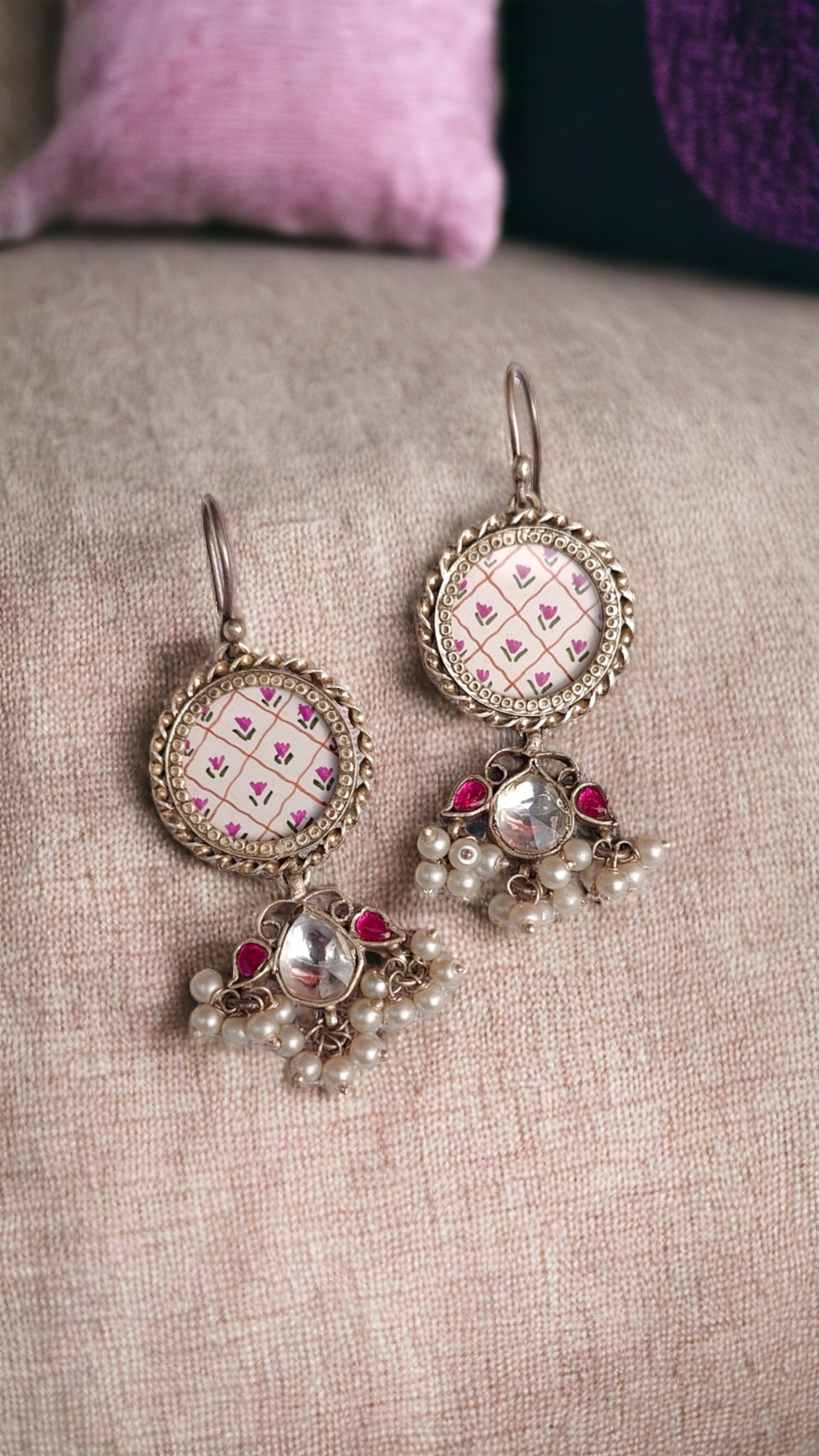 Pink Hand-painted Kundan Drop Earrings-Hamsa-Hamsa