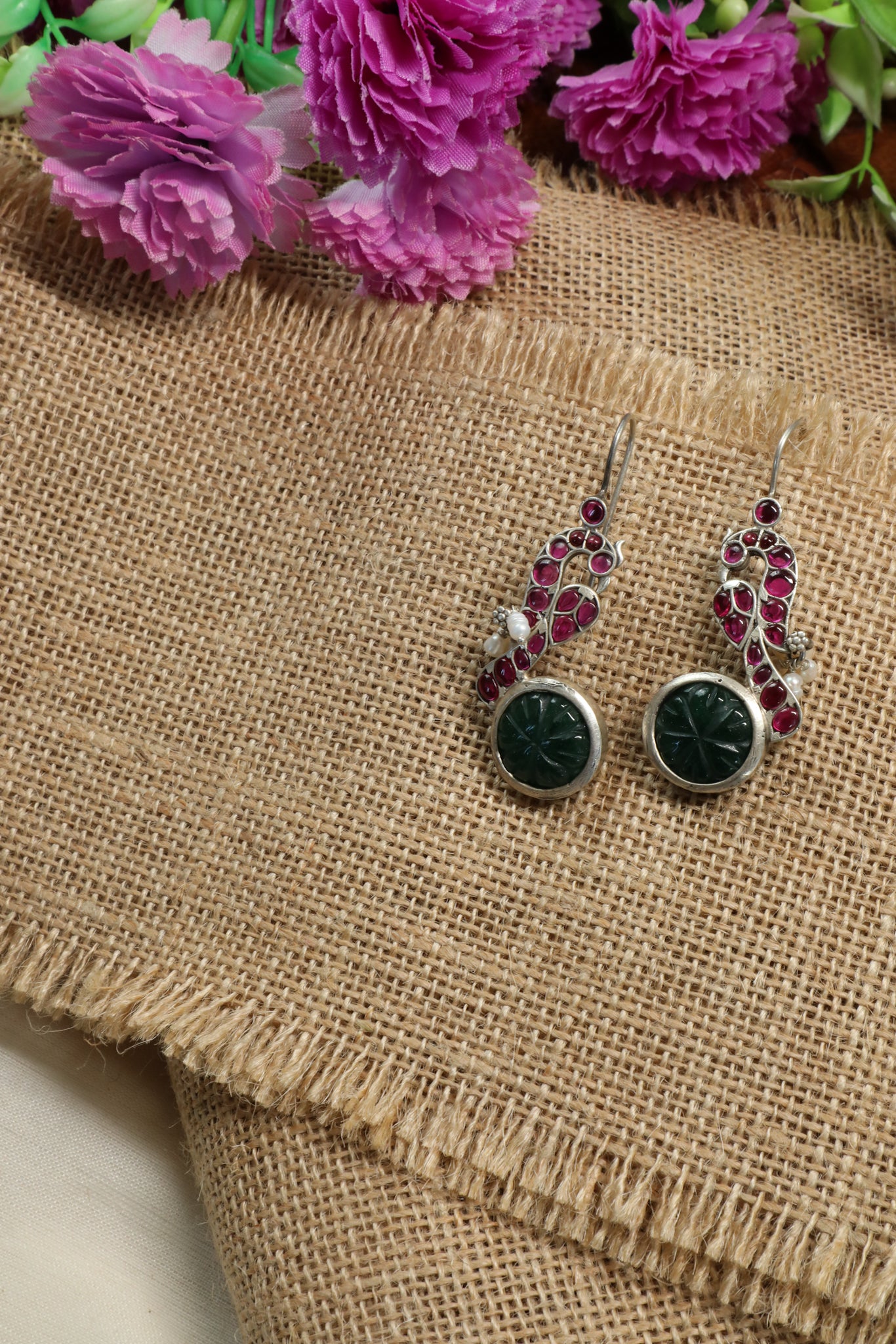 Green Carved Stone Hook Earrings-Hamsa-Hamsa