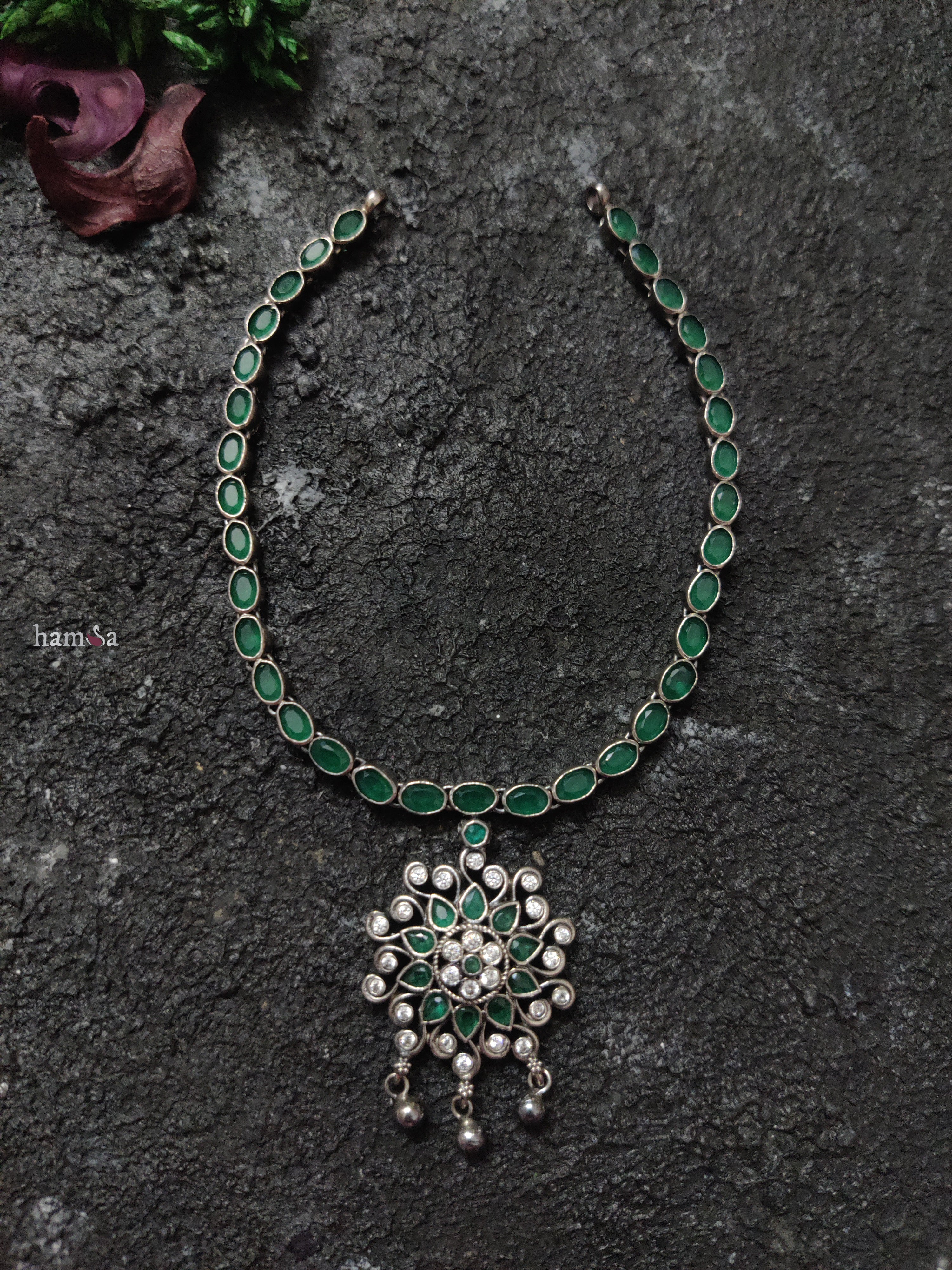 Green AD Flower Pendant Necklace-Hamsa-Hamsa