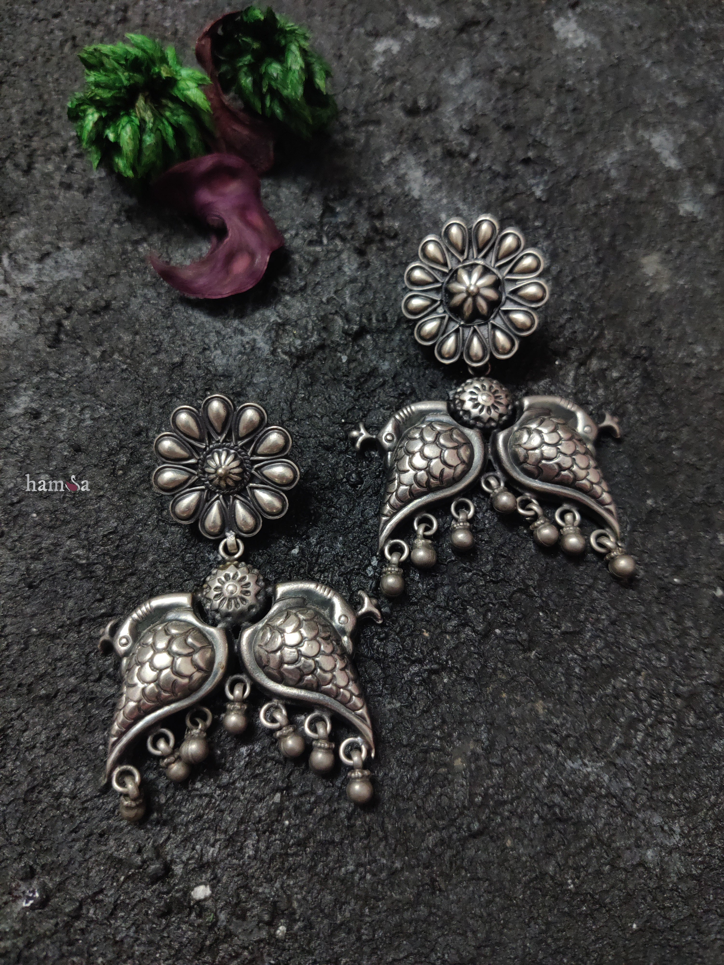 Tribal Double Peacock Silver Earrings-Hamsa-Hamsa