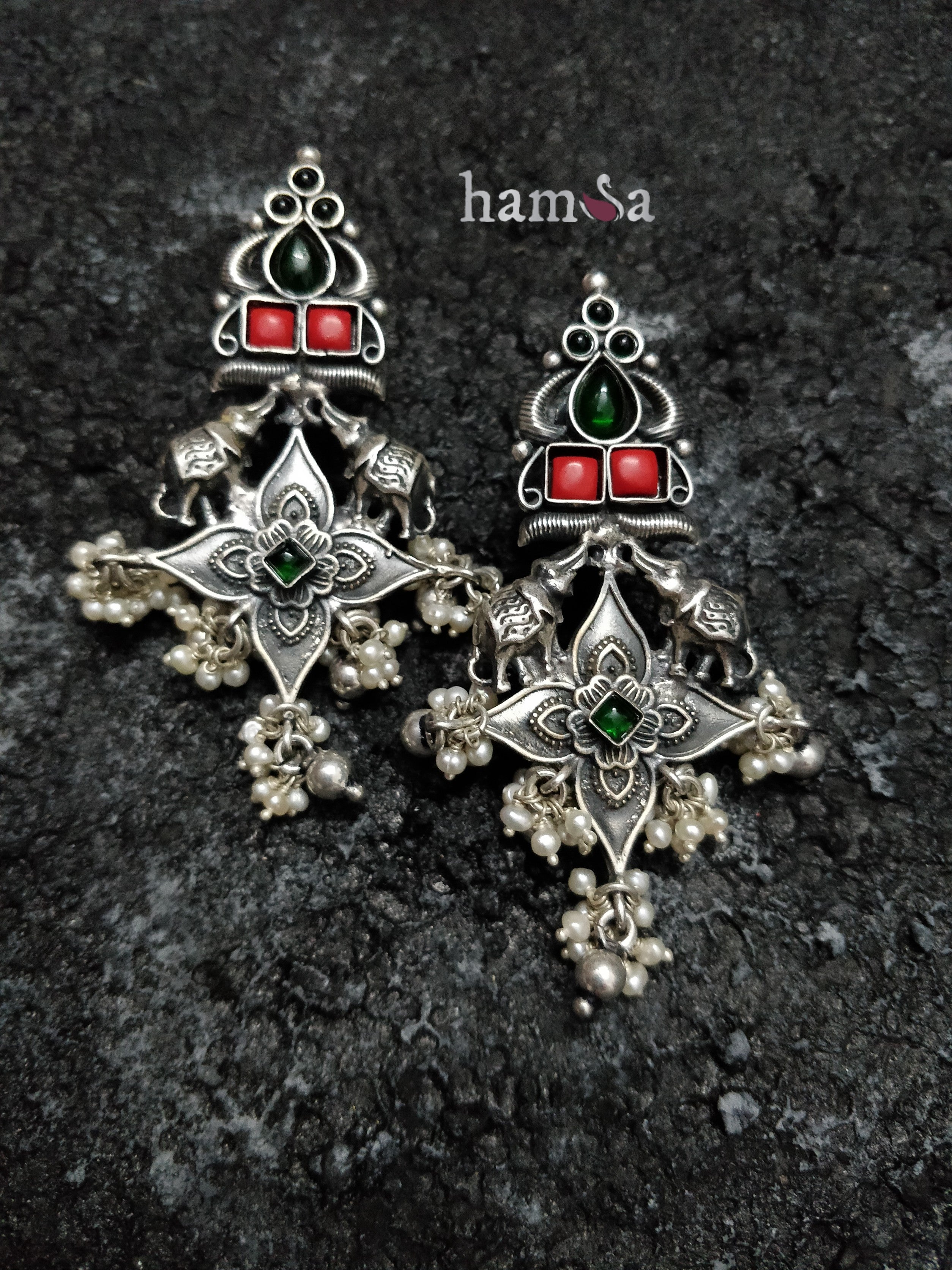 Red and green stone four petal earrings-Hamsa-Hamsa