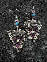 Load image into Gallery viewer, Pink and blue stone peacock earrings-Hamsa-Hamsa
