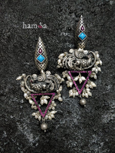 Pink and blue stone peacock earrings-Hamsa-Hamsa