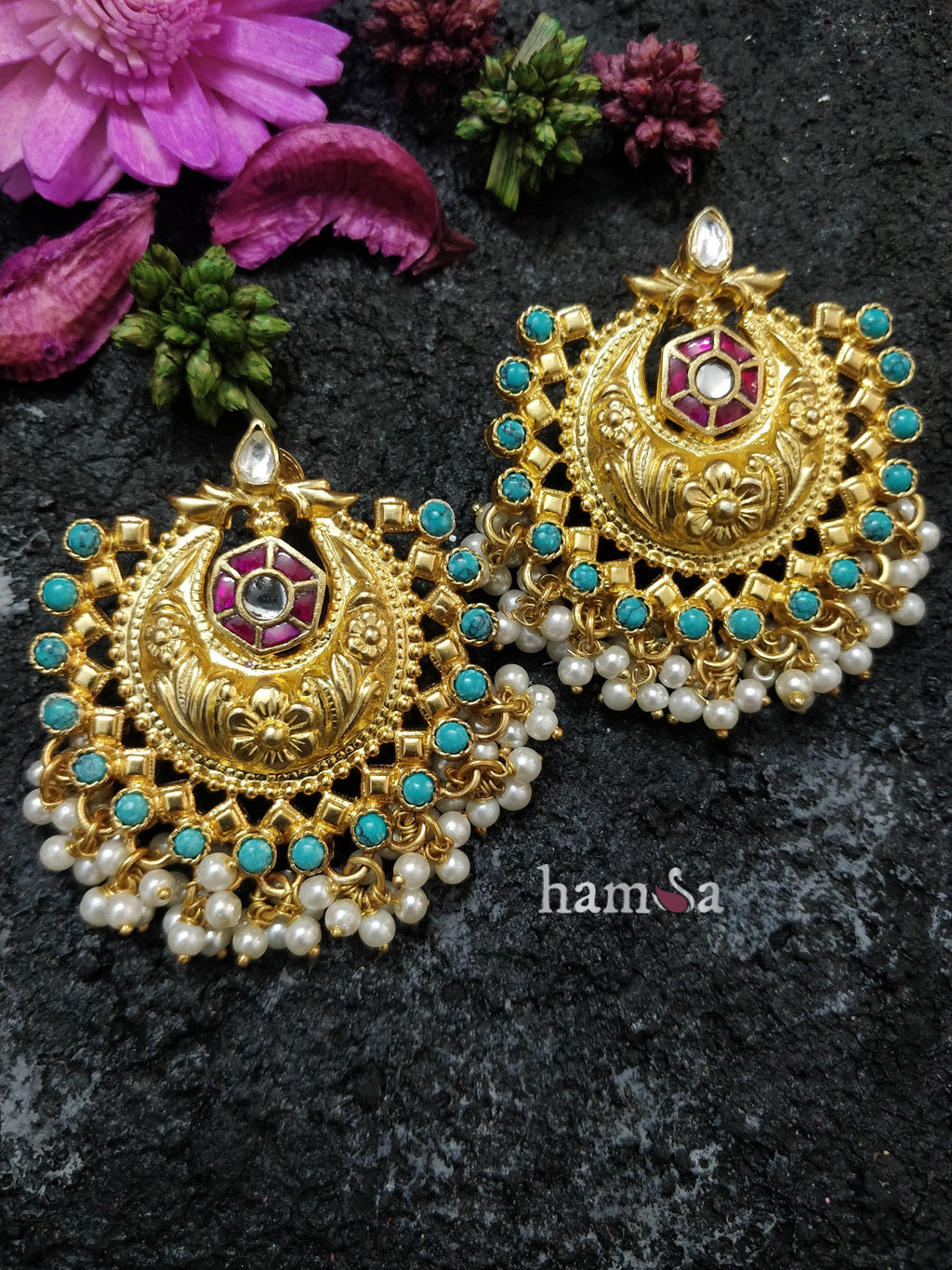 Gold plated turquoise chandbali-Hamsa-Hamsa
