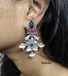 Red and green stone four petal earrings-Hamsa-Hamsa