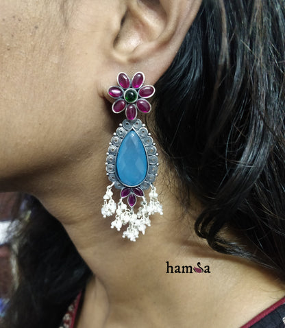 Blue stone earrings with pearls-Hamsa-Hamsa