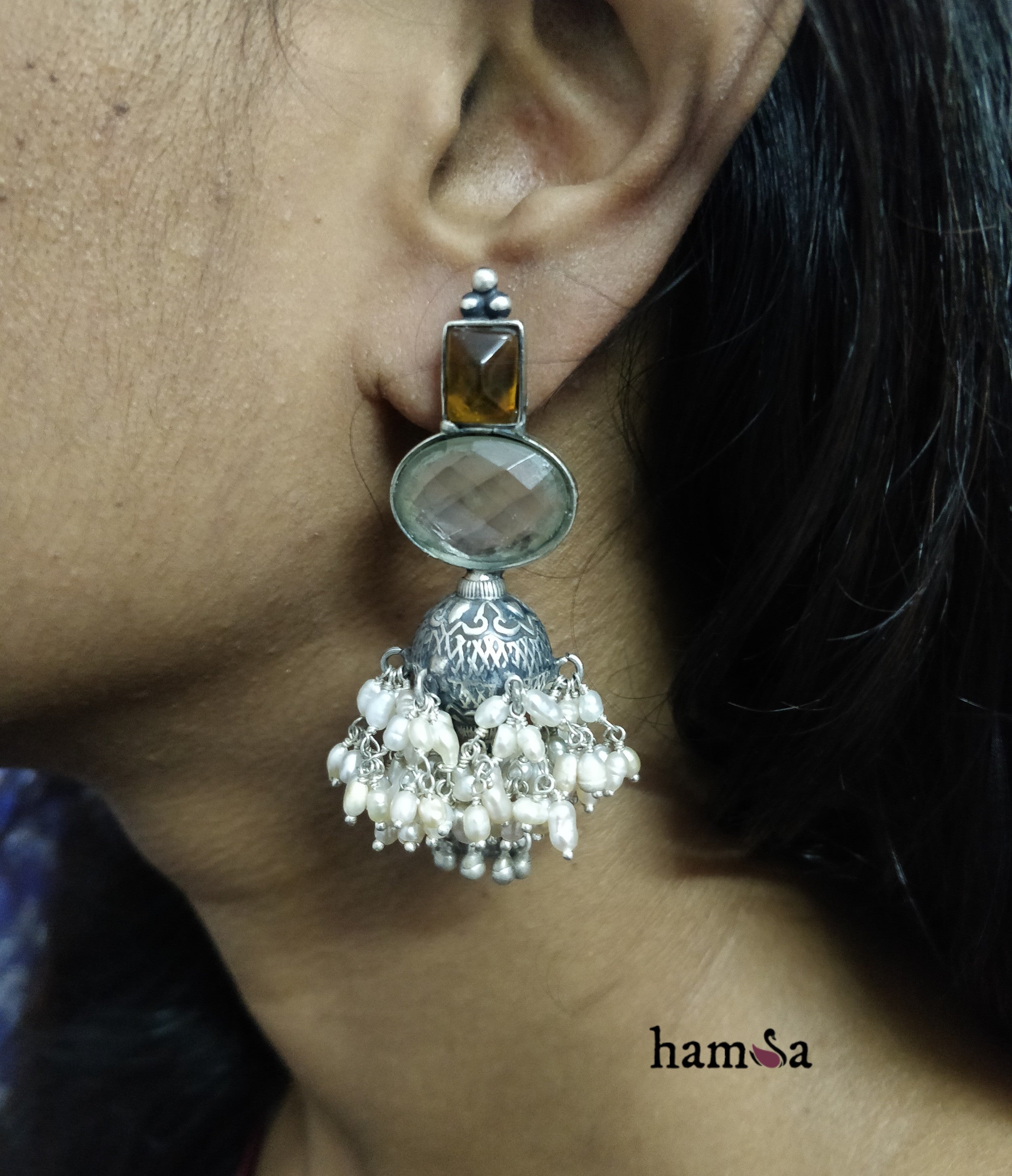 Neutral tone silver drop earrings-Earring-Hamsa-Hamsa