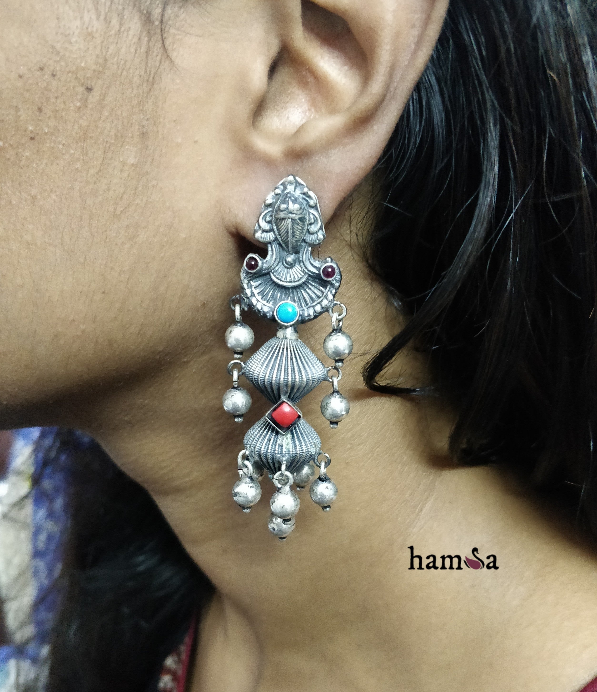 Red blue stone drop earrings-Hamsa-Hamsa