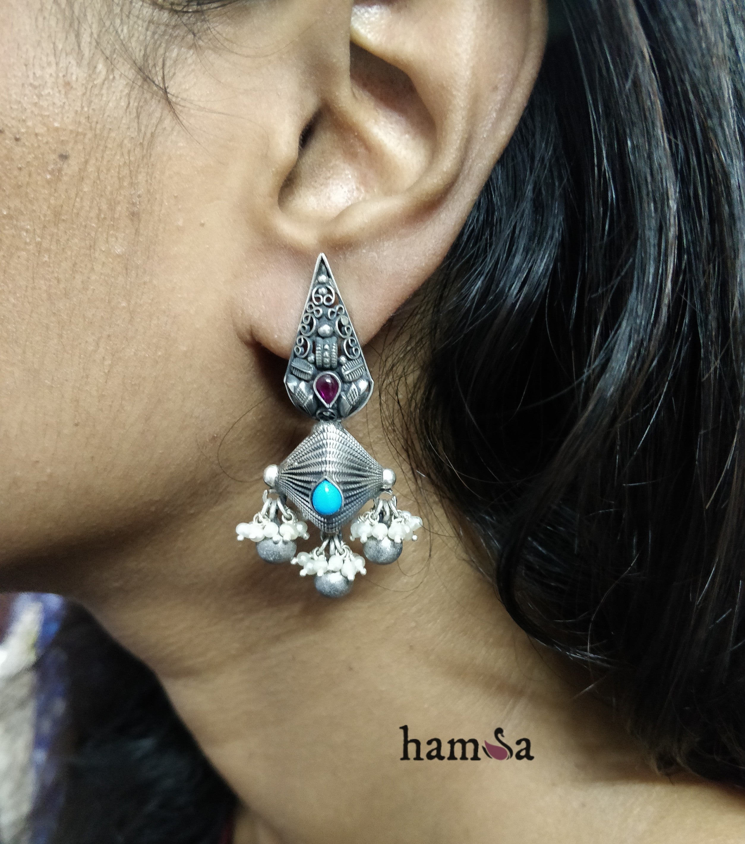Pink-blue dew drop earrings-Hamsa-Hamsa