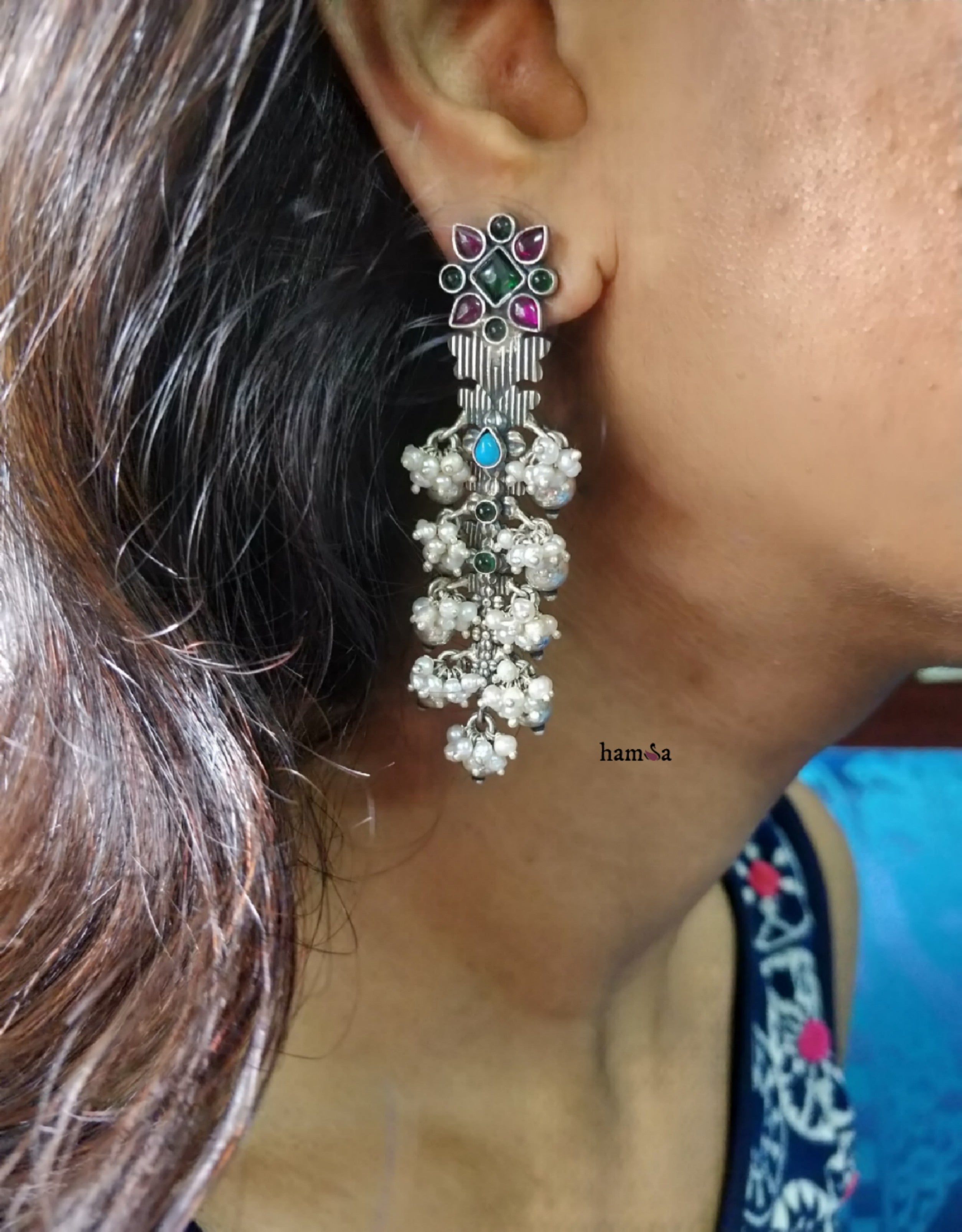 Multicolour pearl drop earrings-Hamsa-Hamsa