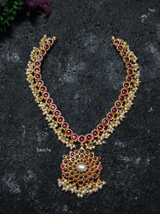 Gold Plated Kemp Kundan Pearl Drop Necklace-Hamsa-Hamsa