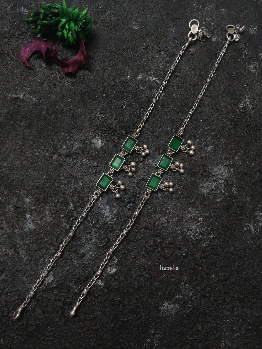 Green Rectangle Stone Anklets-Hamsa-Hamsa