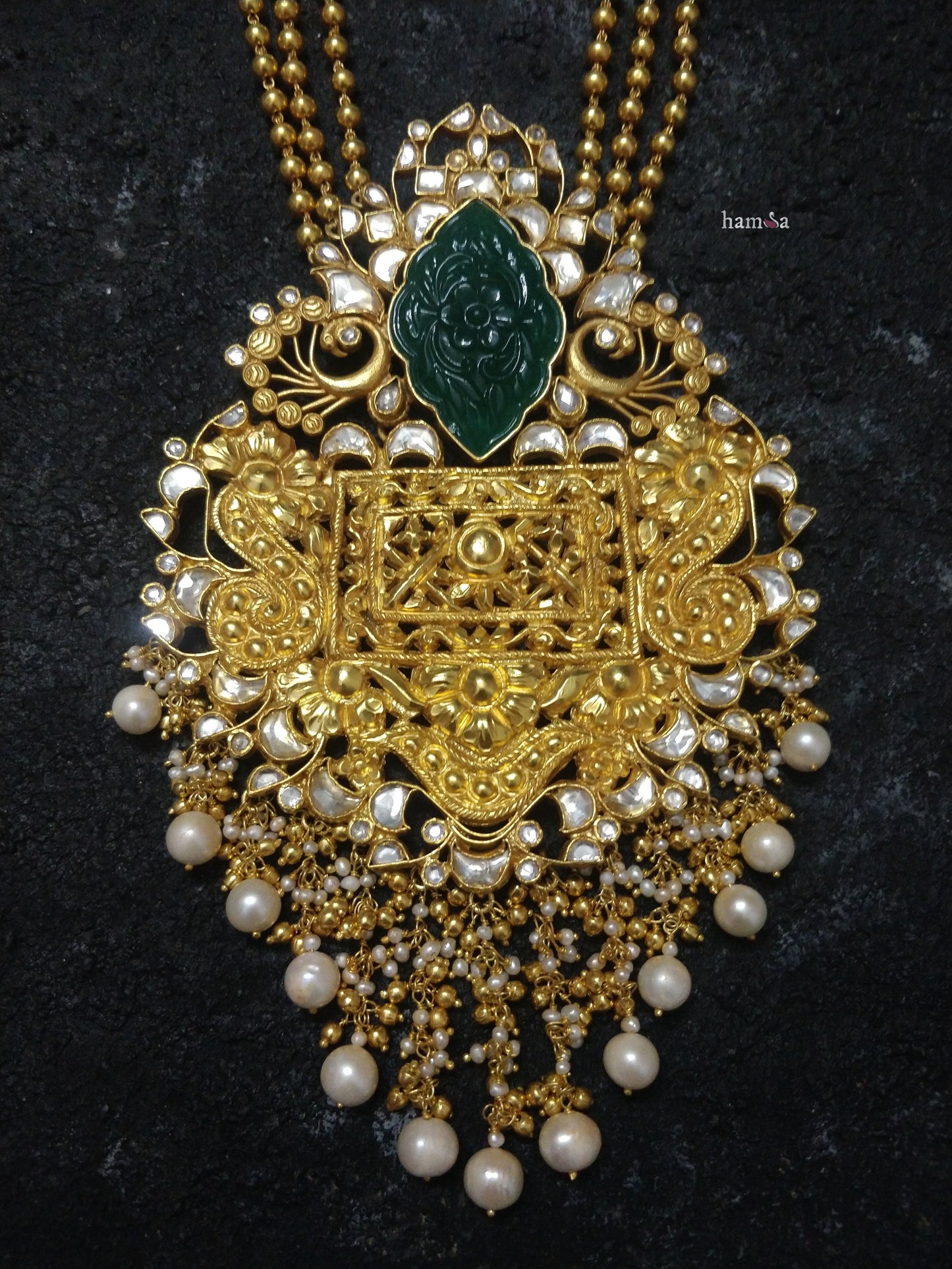 Gold Plated Bridal Kundan Haram With Jade Stone-Hamsa-Hamsa