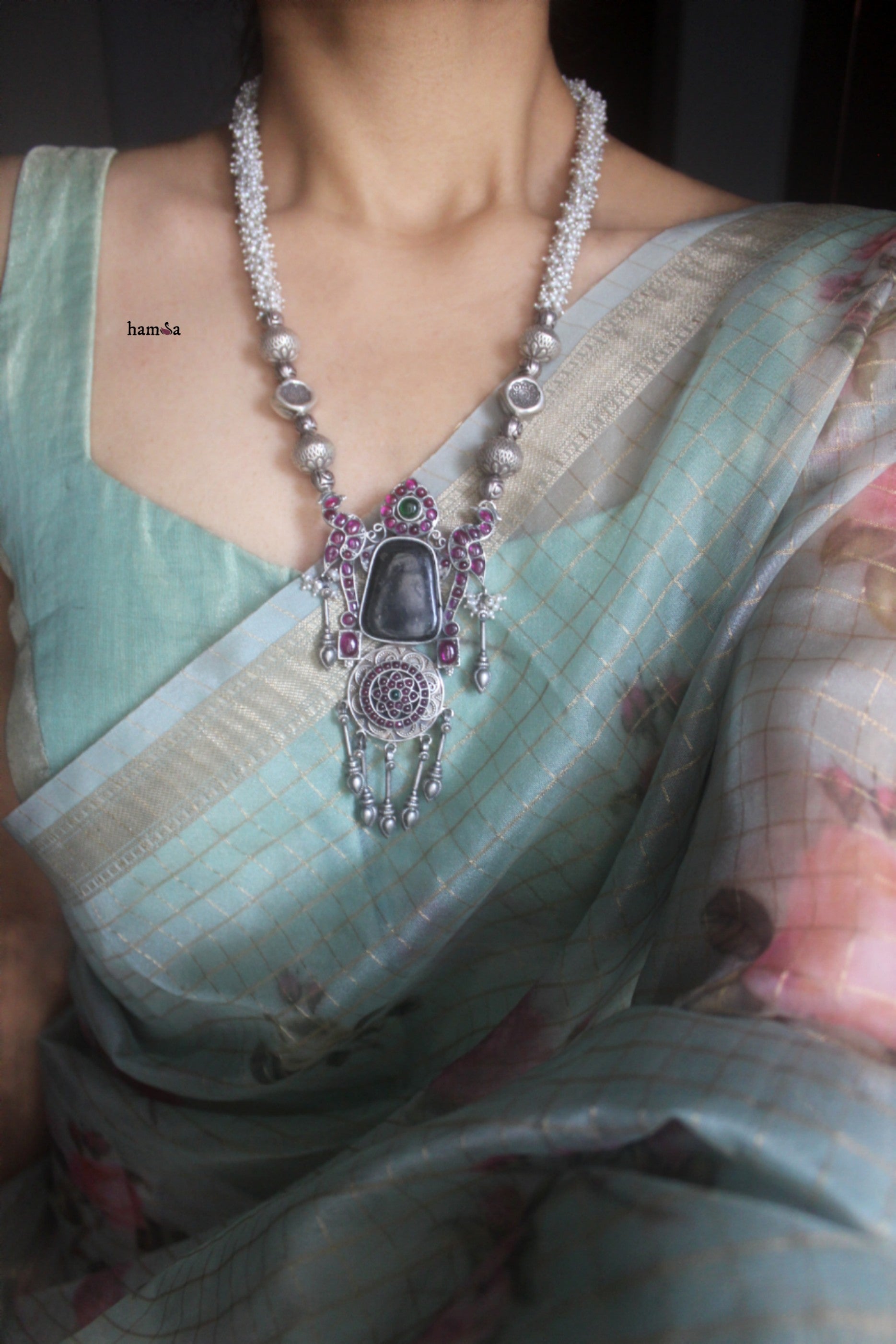Pearl mala with black stone pendant-Hamsa-Hamsa