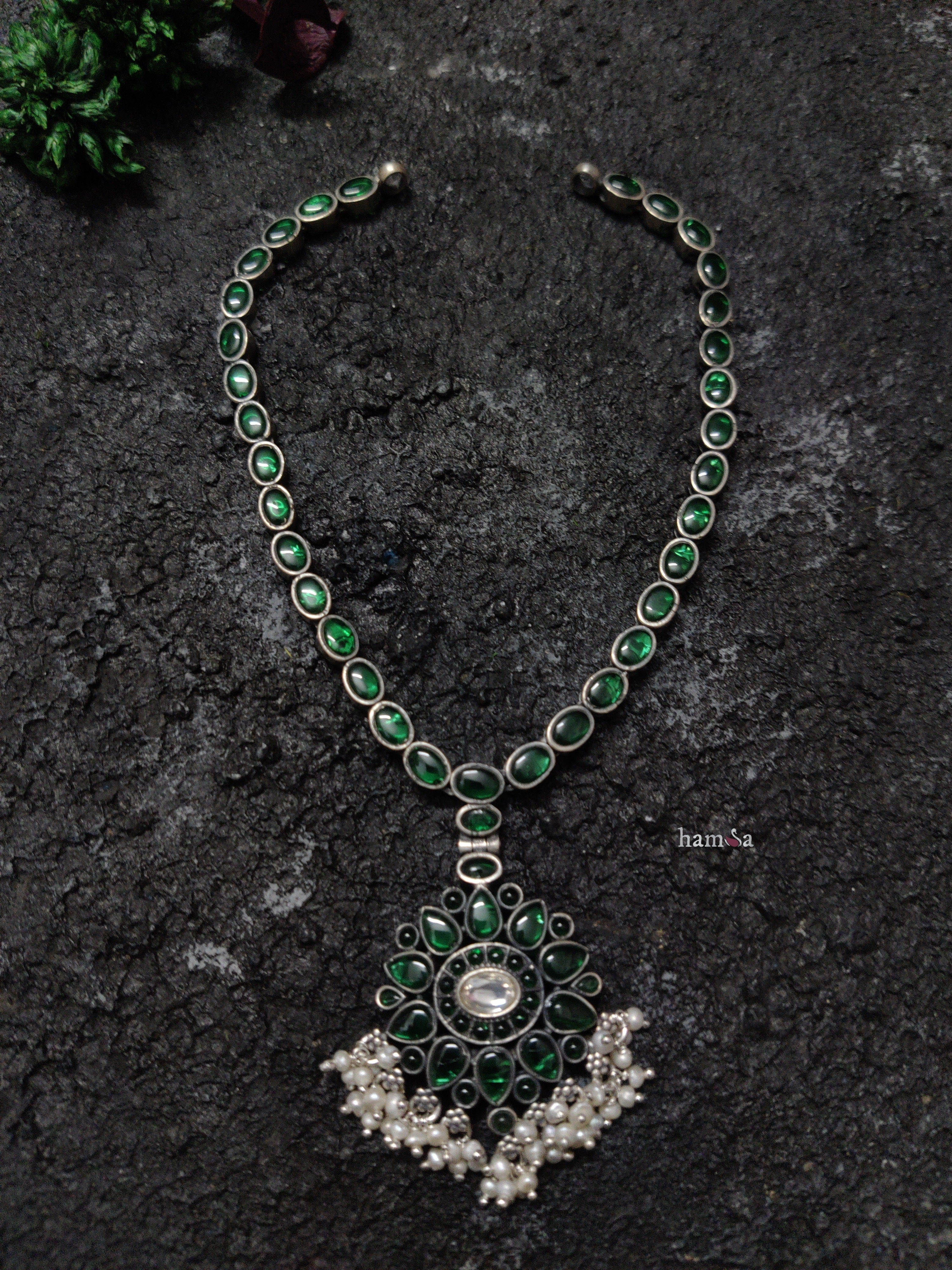 Green Flower Pendant Necklace-Hamsa-Hamsa