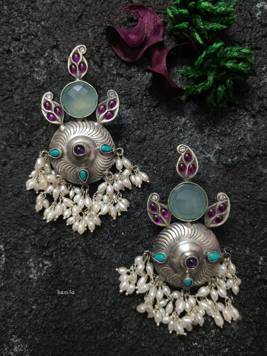 Blue stone leaf earrings-Hamsa-Hamsa