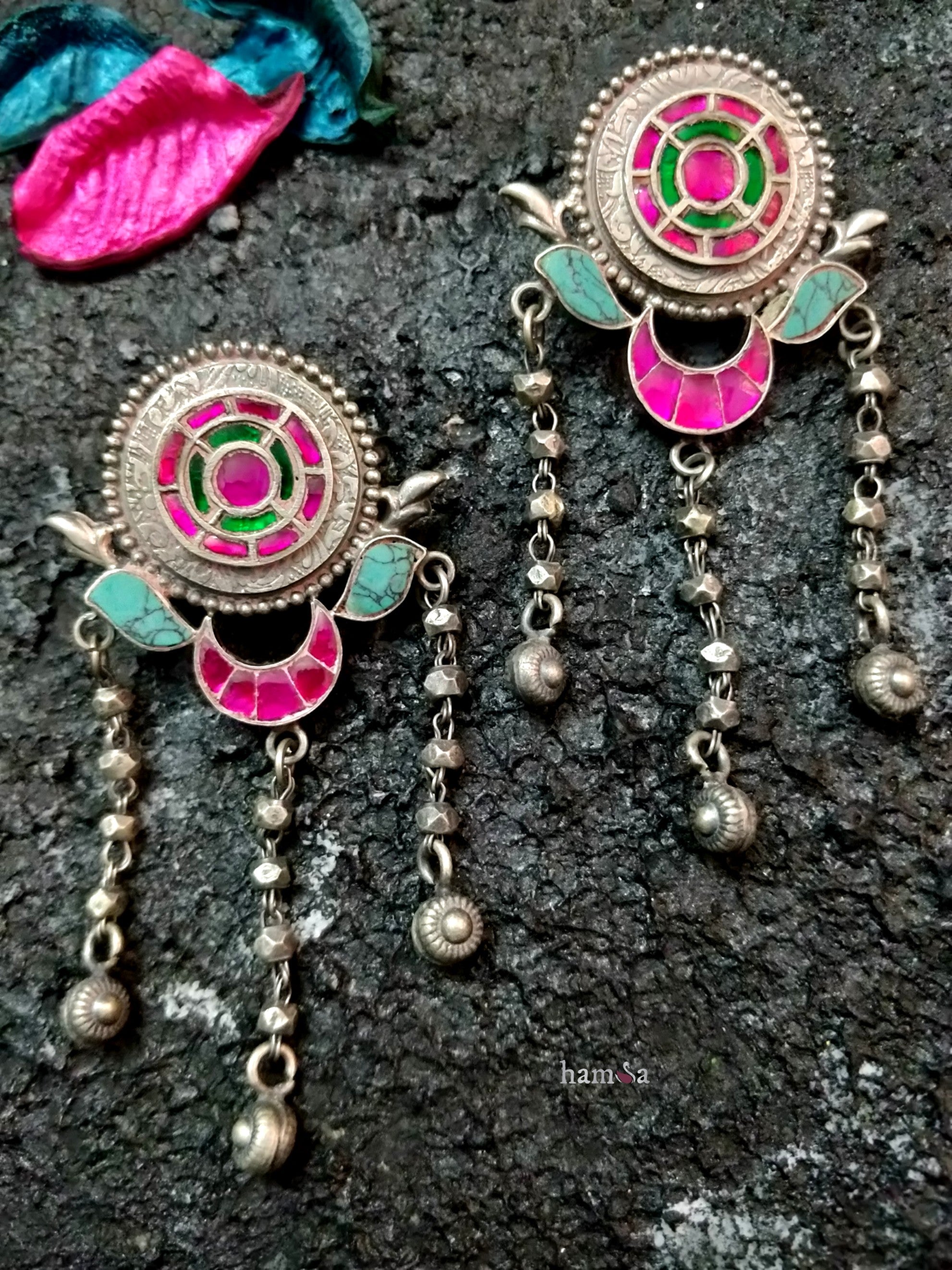 Pink turquoise drop earrings-Hamsa-Hamsa