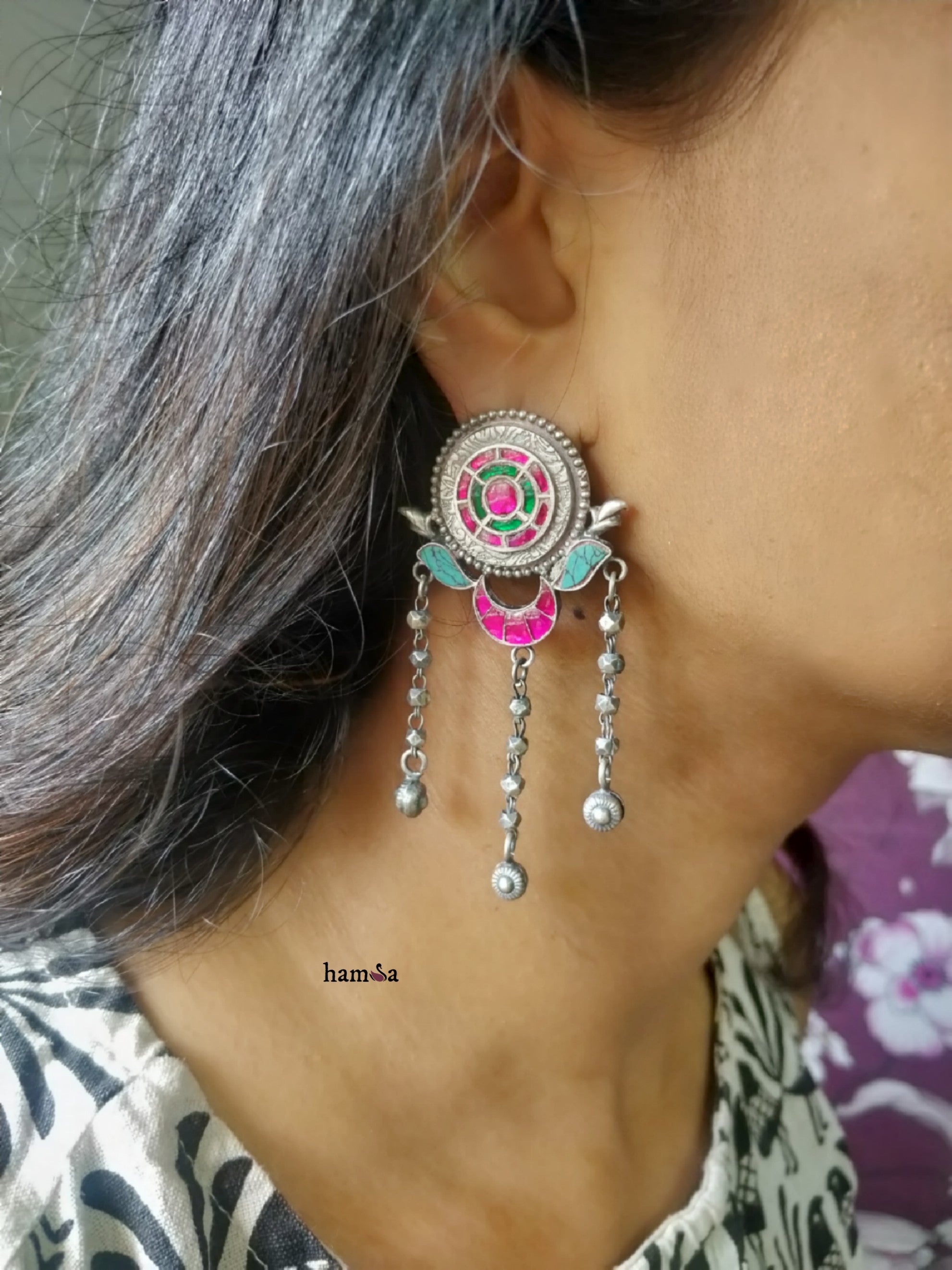 Pink turquoise drop earrings-Hamsa-Hamsa