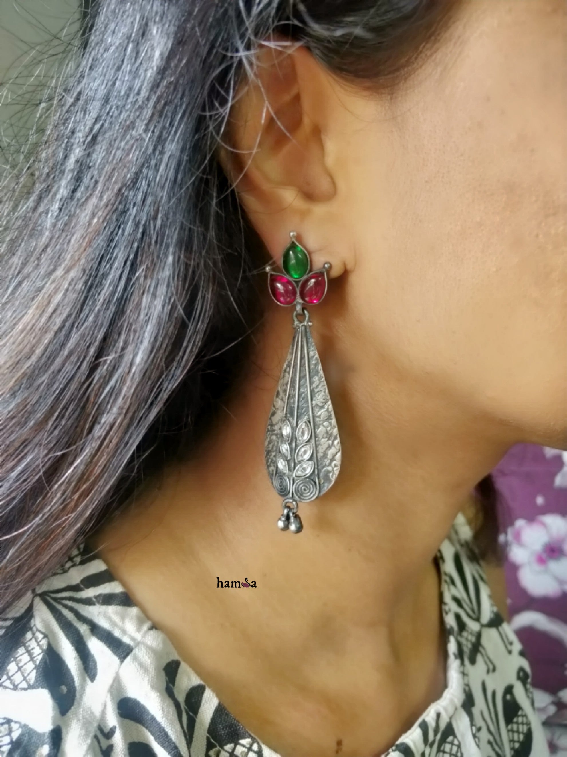 Red green leaf drop earrings-Hamsa-Hamsa