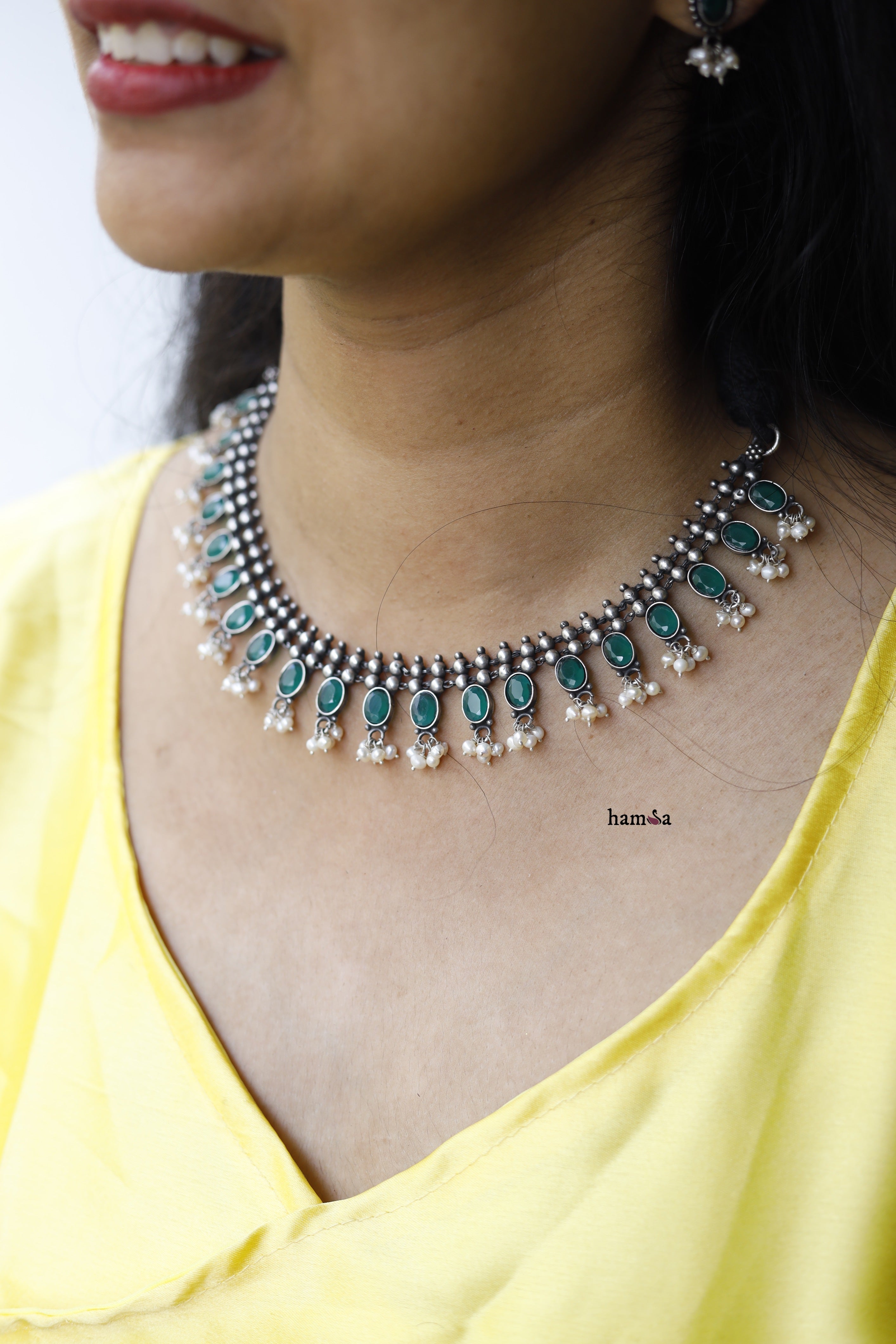 Green Pearl Cluster Tikka Necklace Set-Hamsa-Hamsa